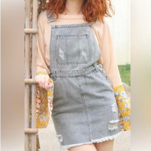 POL Dresses & Skirts - POL overall skirt distressed gray denim ripped torn mini jean overalls S small